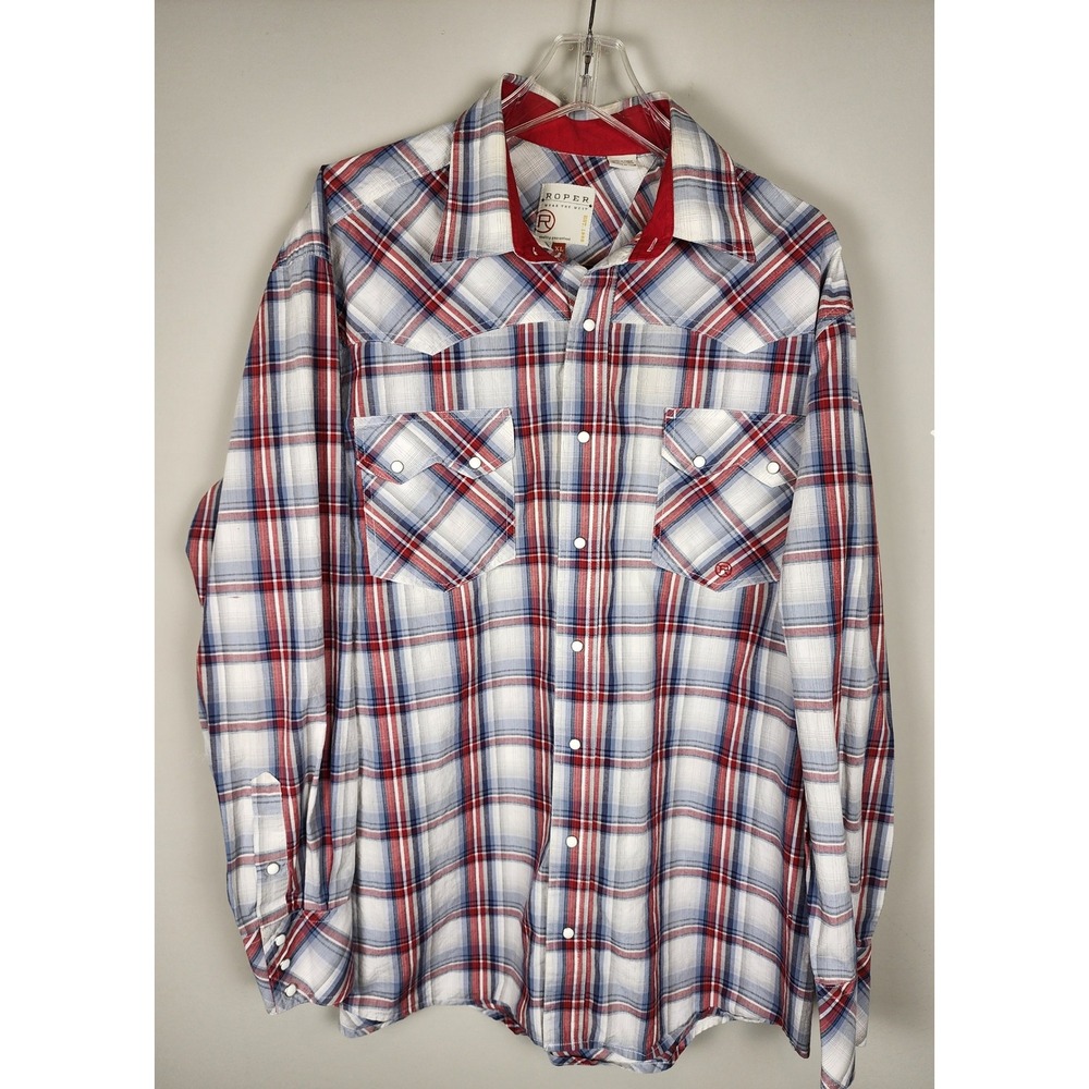 Roper Mens XL Red White Blue Plaid Long Sleeve Western Snap Shirt Country Chore